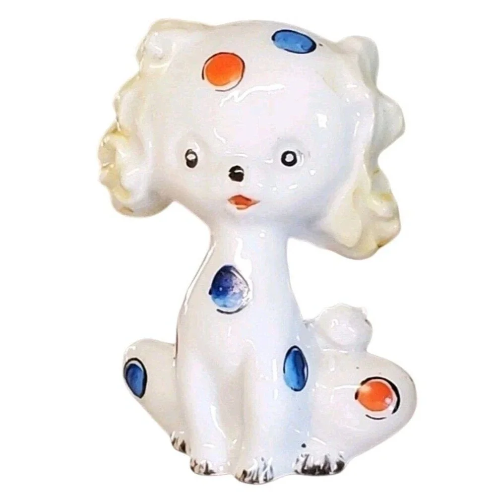 Vtg Puppy Dog Red Blue Polka Dot Kitsch Japan Porcelain 3